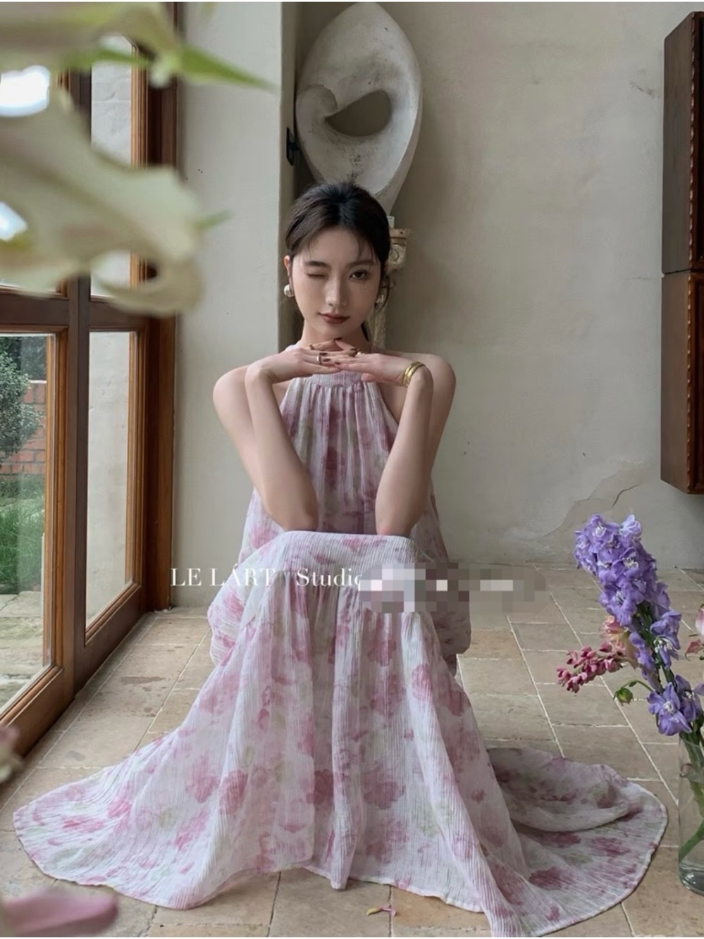 Water-colour Floral Halter Tiered Maxi Dress - Pastel Pink - Picture 5 of 12